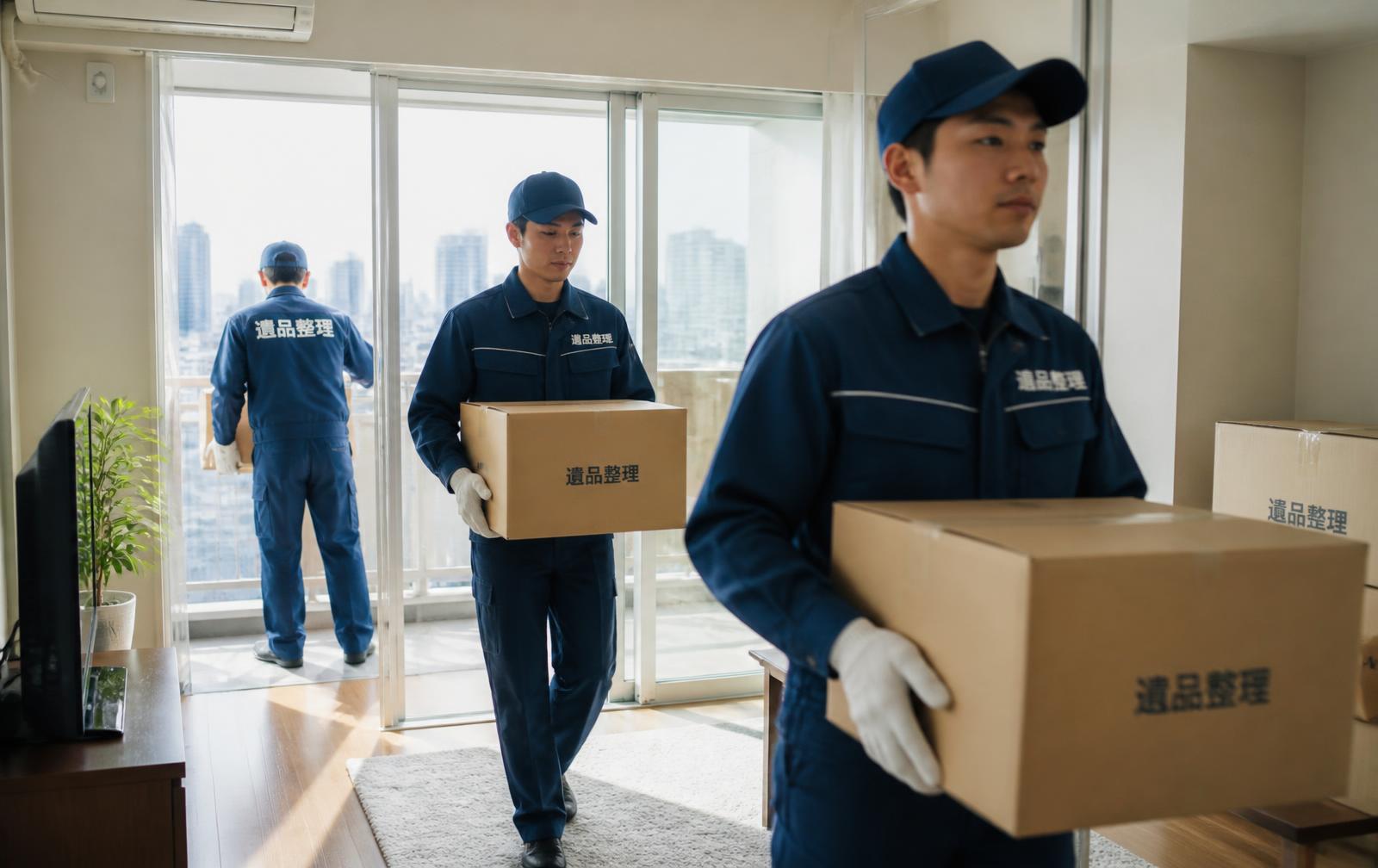 Professional clearance team carrying boxes out of a Tokyo apartment